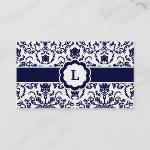Customizable 311 Lauren Damask Monogram Navy Business Cards