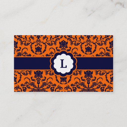 Customizable 311 Lauren Damask Monogram Orange Business Card Template