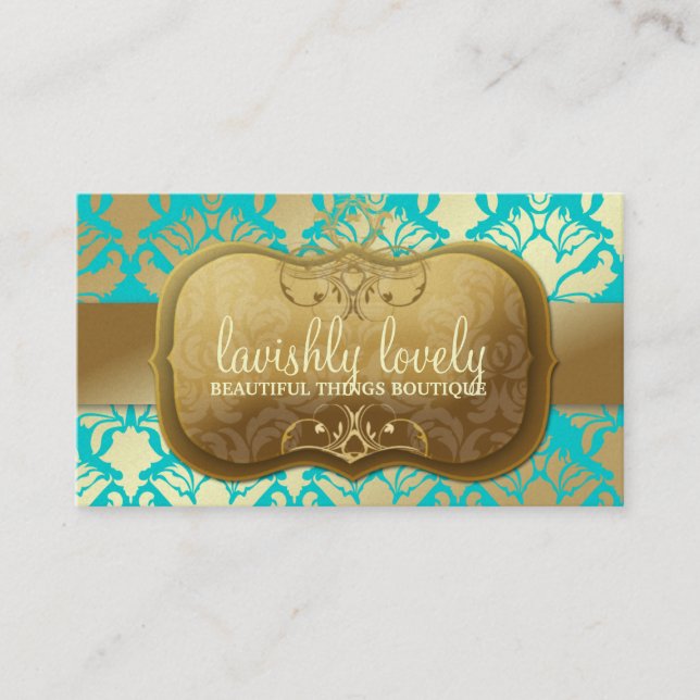311 Lavish Golden Damask Shimmer Turquoise Business Card (Front)