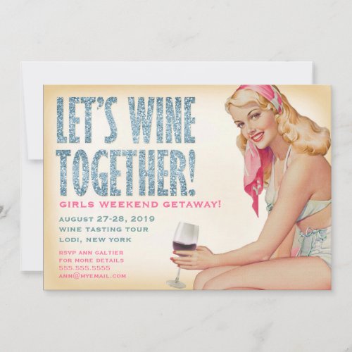 311 Lets Wine Together Retro Pinup Girl Invitation