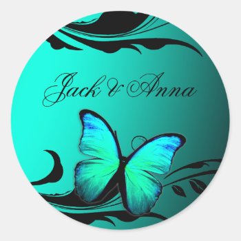 311 Lustrous Butterfly Turquoise Blue Classic Round Sticker by Jill311 at Zazzle