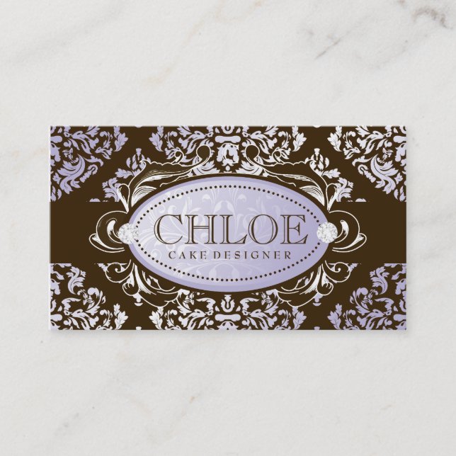 311 Luxuriously Lilac N Brown Damask Monogram Business Card (Front)