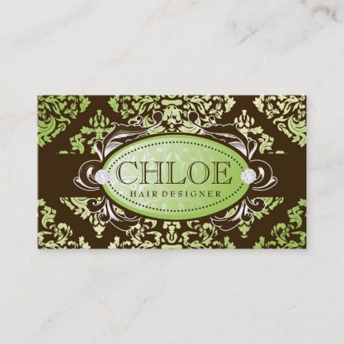 311-Luxuriously Lime Brown Damask Monogram Business Card Template