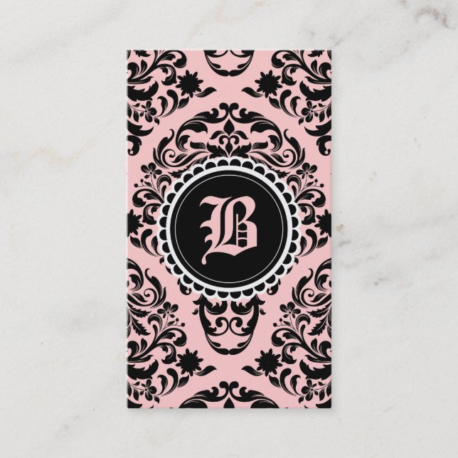 311 Luxuriously Peach Black Damask Monogram Flower Business Card (Front)