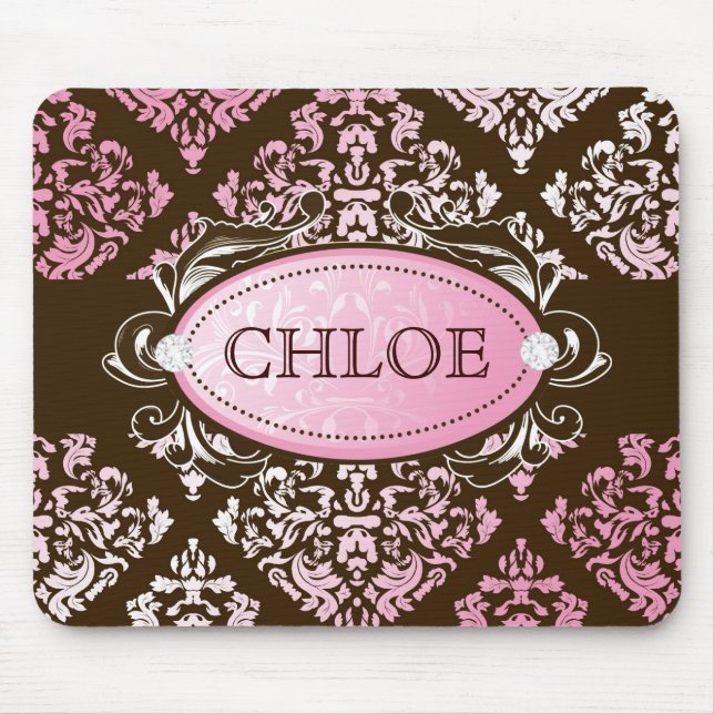 311-Luxuriously Pink Brown Damask Mouse Pad (Front)