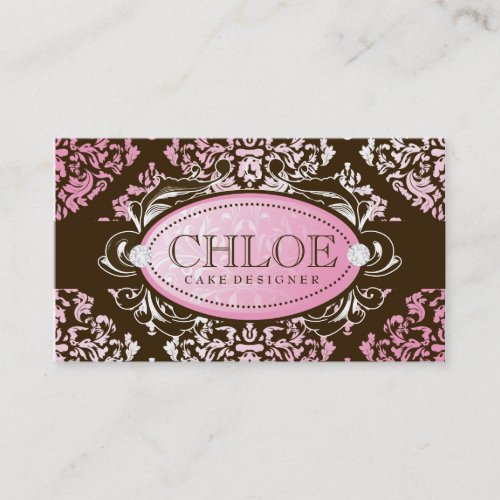 311 Luxuriously Pink N Brown Damask Monogram Business Card