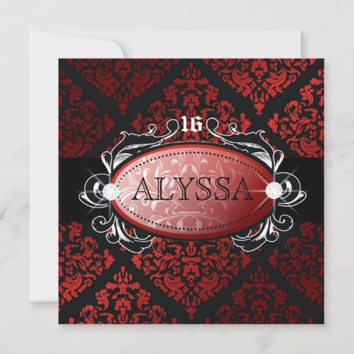 311 Luxuriously Red Liquorice Damask Sweet 16 Custom Invites