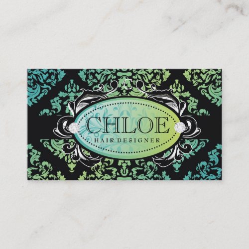 311-Luxuriously Turquoise n Lime Damask Monogram Business Card Templates
