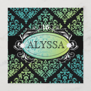 311-Luxuriously Turquoise n' Lime Damask Sweet 16 Invitation