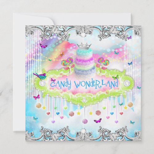 311 Magical Candy Wonderland Silver Trim Personalized Invitation
