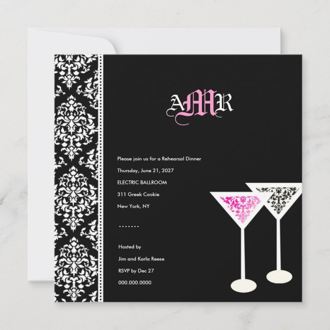311-Monogram Damask Glass Pink Invitation (Front)