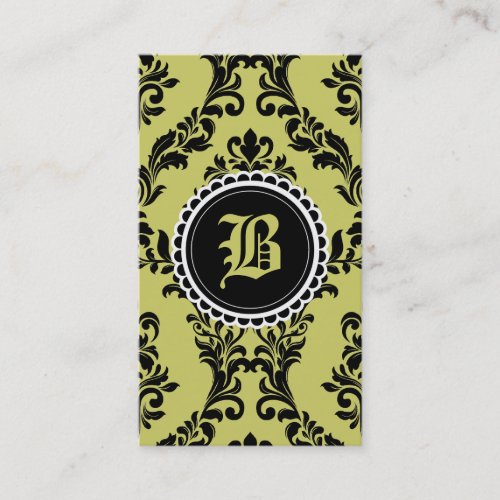 311 Moss Green Black Damask Monogram Flower Business Cards