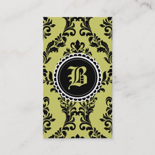 Customizable 311 Moss Green Black Damask Monogram Flower Business Cards