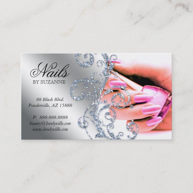 311 Nail Salon Business Card Glitter Pink Silver (Front)