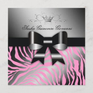 311-Night Zebra Shimmer Black Bow Pink Sweet 16 Invitation