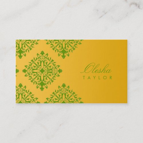 311-Olesha Yellow &amp; Green Damask Vertical Business Card Templates
