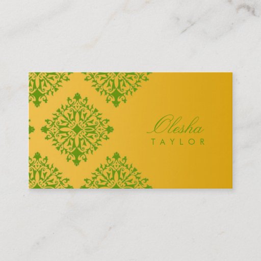 Customizable 311-Olesha Yellow &amp; Green Damask Vertical Business Card Templates