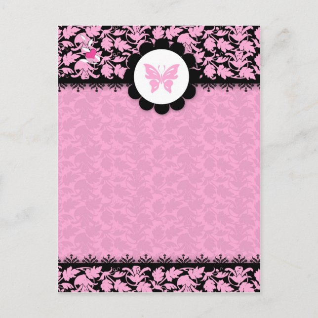 311-PINK BUTTERFLY DAMASK POSTCARD (Front)