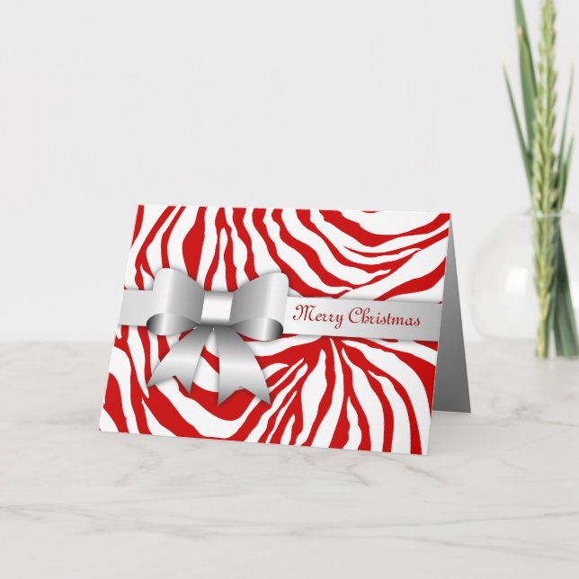 311-Red Zebra Stripes Bow Photo Christmas Card (Front)