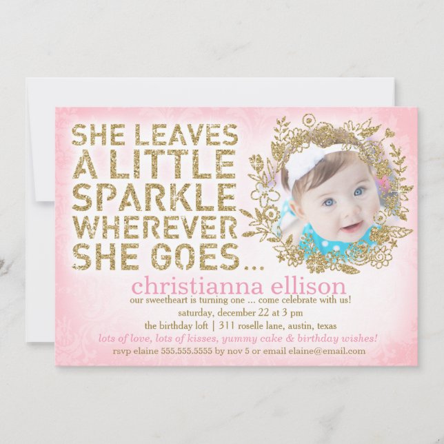 311 She Leaves A Little Sparkle Floral Wreath Invitation (Front)