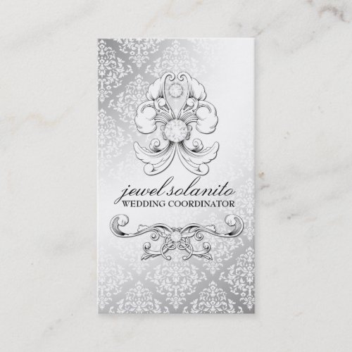311-Silver Diamond Luxe Damask Business Cards