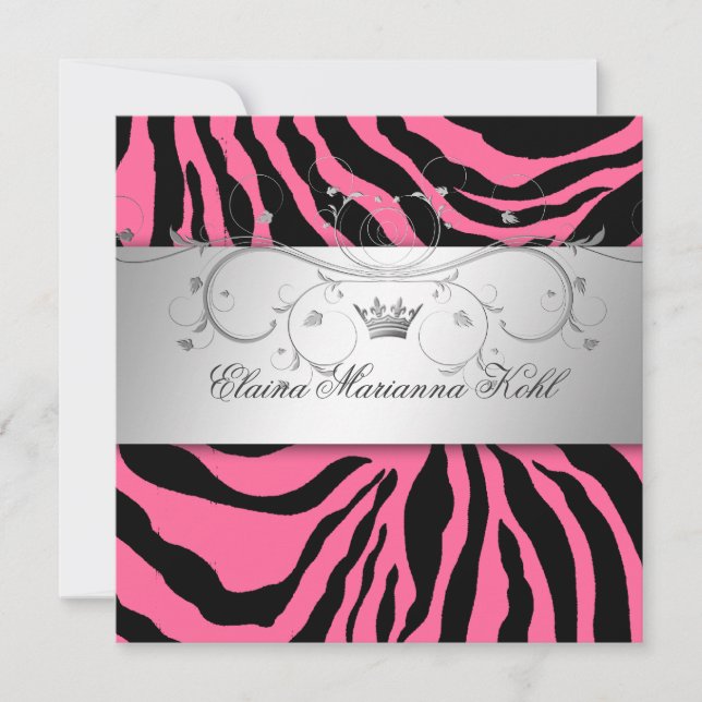 311-Silver Divine Pink Zebra Sweet Sixteen Invitation (Front)