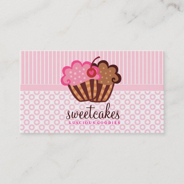 311 Sweet Cakes Cupcakes Dots n Stripes Light Pink Business Card (Front)