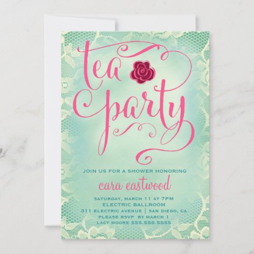 311 Tea Party Vintage Teal Pink Lace Card