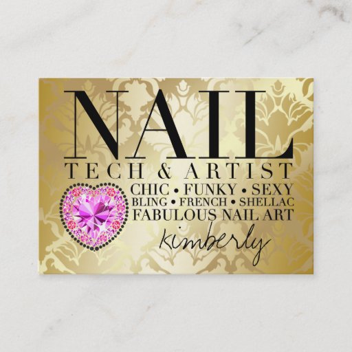 Customizable 311 Tres Chic Damask Nail Tech Diamond Heart Business Card Templates