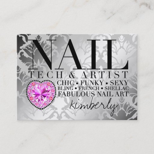 Customizable 311 Tres Chic Damask Nail Tech Diamond Heart Business Card