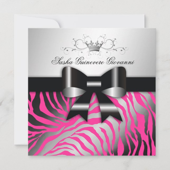 311-Zebra Shimmer Black Bow Hot Pink | Sweet 16 Invitation (Front)
