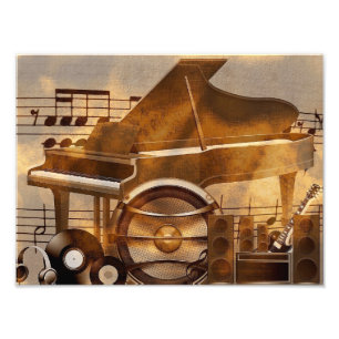 313583 DIGITAL MUSICAL GOLDEN COLLAGE GUITAR PIANO PHOTO PRINT