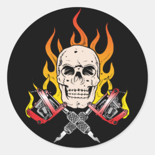 318 Flaming Skull Tattoo Classic Round Sticker