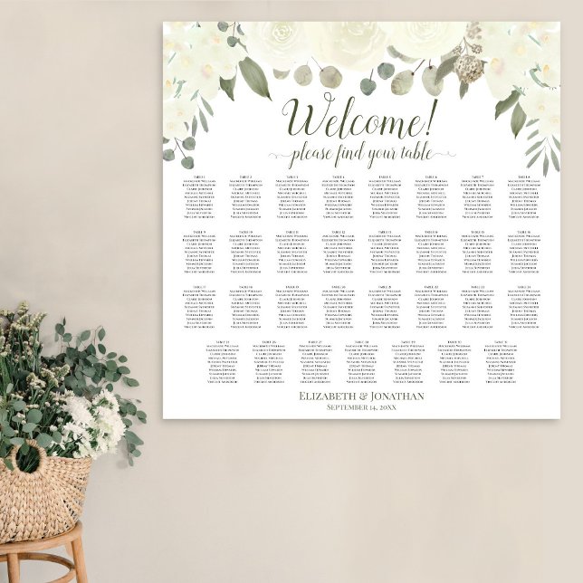31 Table Ivory White Floral Wedding Seating Chart (In Situ on Wall)