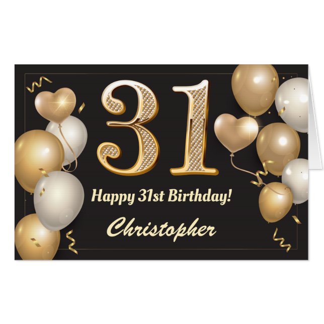 31st Birthday Black and Gold Balloons Extra Large Card (Front Horizontal)