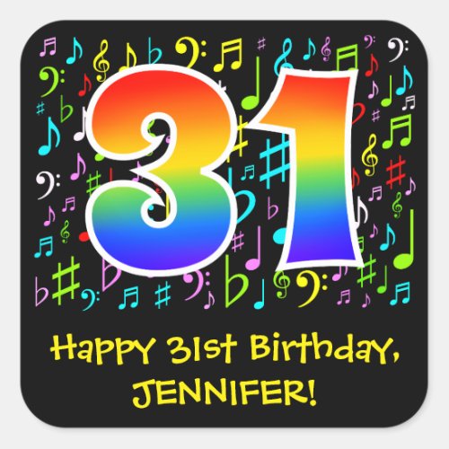 31st Birthday Colorful Music Symbols Rainbow 31 Square Sticker