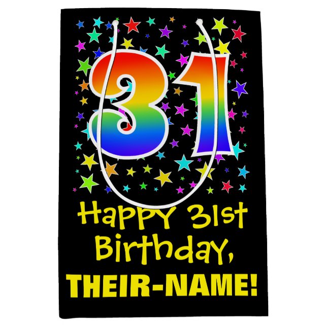 31st Birthday: Colorful Stars Pattern & Rainbow 31 Medium Gift Bag (Front)