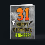 31st Birthday: Eerie Halloween Theme   Custom Name Card<br><div class="desc">The front of this scary and spooky Hallowe’en themed birthday greeting card design features a large number “31” and the message “HAPPY BIRTHDAY, ”, plus a personalized name. There are also depictions of a bat and a ghost on the front. The inside features an editable birthday greeting message, or could...</div>