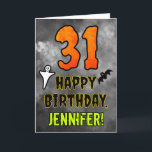 31st Birthday: Eerie Halloween Theme   Custom Name Card<br><div class="desc">The front of this scary and spooky Hallowe’en themed birthday greeting card design features a large number “31” and the message “HAPPY BIRTHDAY, ”, plus a personalized name. There are also depictions of a bat and a ghost on the front. The inside features an editable birthday greeting message, or could...</div>