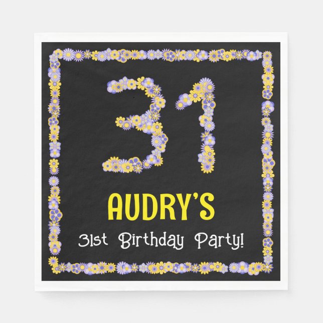 31st Birthday: Floral Flowers Number, Custom Name Napkins (Front)