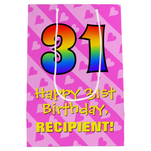 31st Birthday Fun Pink Hearts Stripes Rainbow 31 Medium Gift Bag
