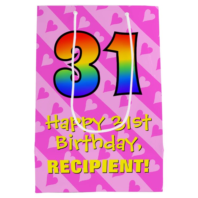 31st Birthday: Fun Pink Hearts Stripes; Rainbow 31 Medium Gift Bag (Back)