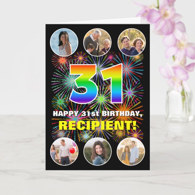 31st Birthday: Fun Rainbow #, Custom Name & Photos Card (Orchid)