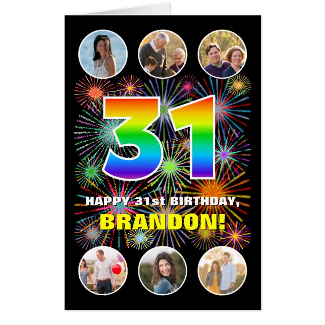 31st Birthday: Fun Rainbow #, Custom Name + Photos Card (Front)
