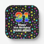[ Thumbnail: 31st Birthday: Fun Stars Pattern and Rainbow “31” Paper Plates ]