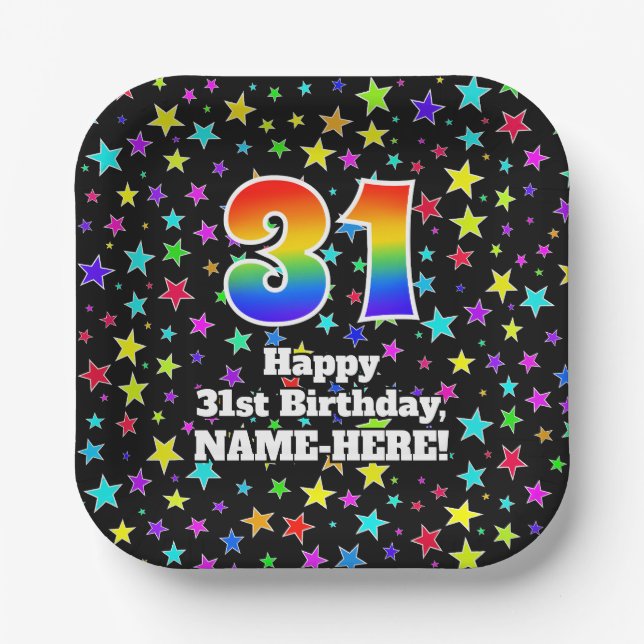 31st Birthday: Fun Stars Pattern and Rainbow “31” Paper Plates (Front)