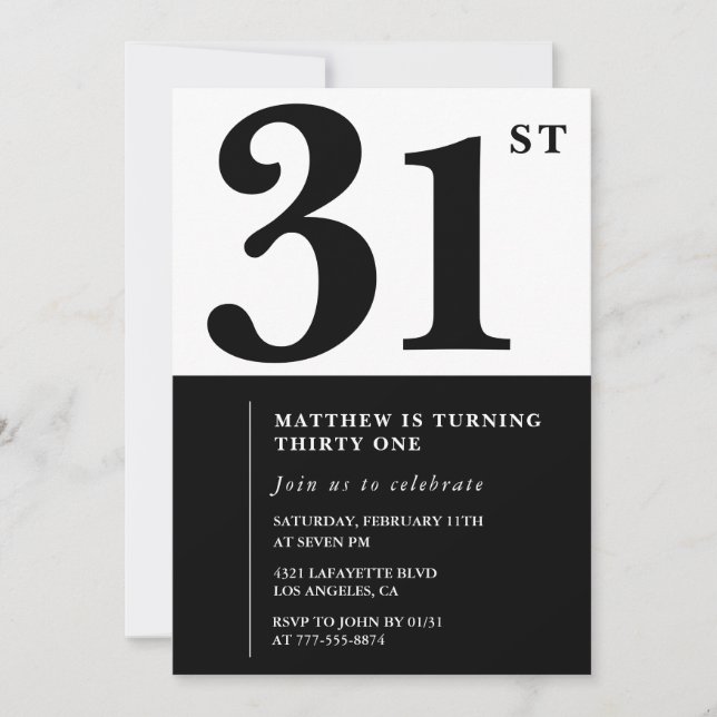 31st birthday invitations Black and White Elegant (Front)