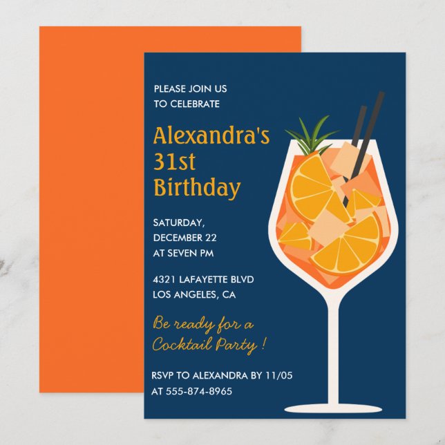 31st birthday invitations Cocktail Elegant Navy (Front/Back)