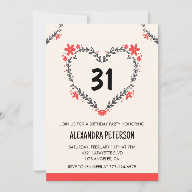 31st birthday invitations for her floral heart (Front)
