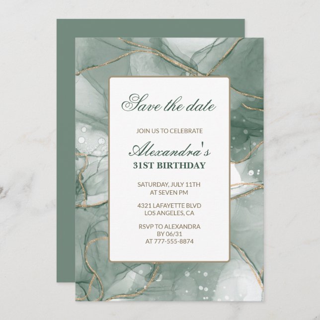 31st birthday invitations Save the date Green (Front/Back)